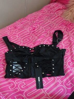 Fashion Nova Black Studded Lace-Up Corset Bustier